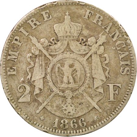 France Napoléon III - 2 Francs Argent, Tête laurée - 1866 BB Strasbourg