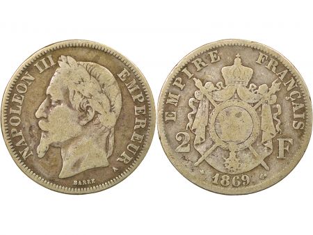 France Napoléon III - 2 Francs Argent, Tête laurée - 1869 A Paris