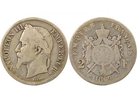 France Napoléon III - 2 Francs Argent, Tête laurée - 1869 BB Strasbourg