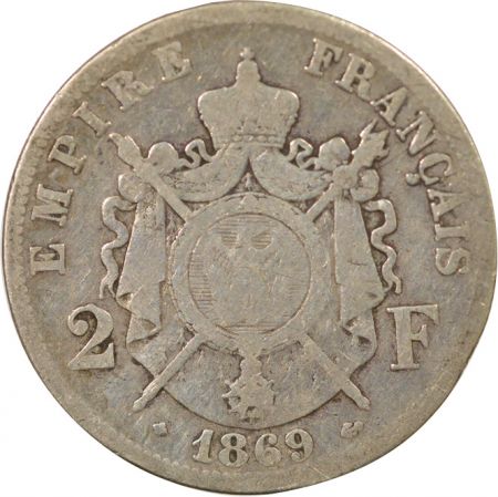 France Napoléon III - 2 Francs Argent, Tête laurée - 1869 BB Strasbourg