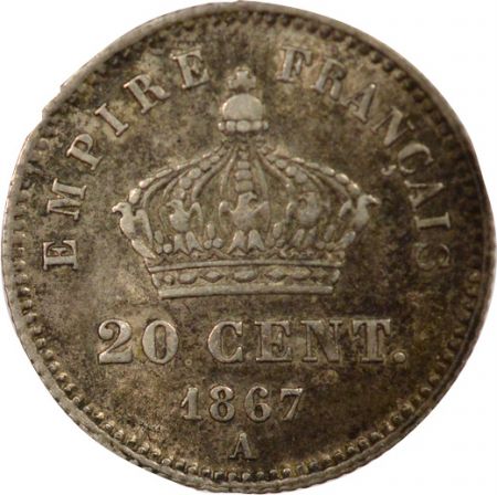 France Napoléon III - 20 Centimes Argent, Tête laurée - 1867 A Paris