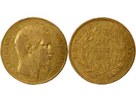 France Napoléon III - 20 Francs Or, Tête nue - 1855 D Lyon