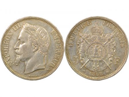 France Napoléon III - 5 Francs Argent, Tête laurée - 1868 BB Strasbourg