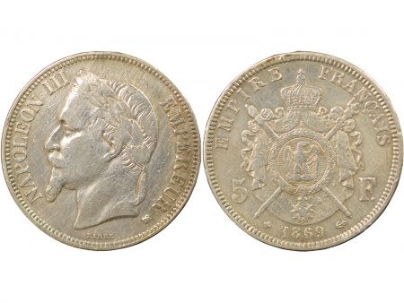 France Napoléon III - 5 Francs Argent, Tête laurée - 1869 BB Strasbourg