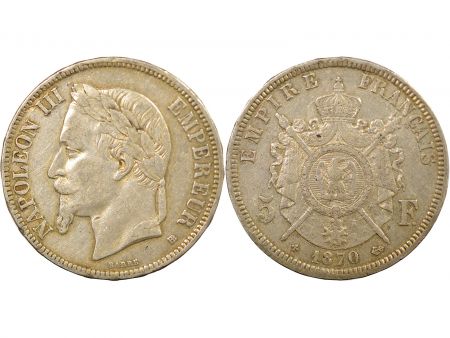 France Napoléon III - 5 Francs Argent, Tête laurée - 1870 BB Strasbourg