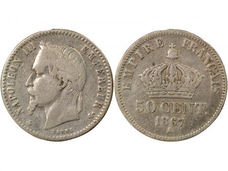 France Napoléon III - 50 Centimes Argent, Tête Laurée - 1867 A Paris