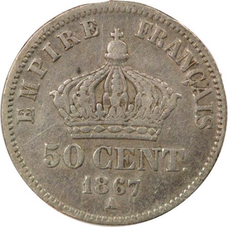 France Napoléon III - 50 Centimes Argent, Tête Laurée - 1867 A Paris