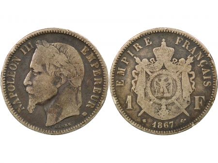 France Napoléon III - Franc Argent, Tête Laurée - 1867 BB Strasbourg