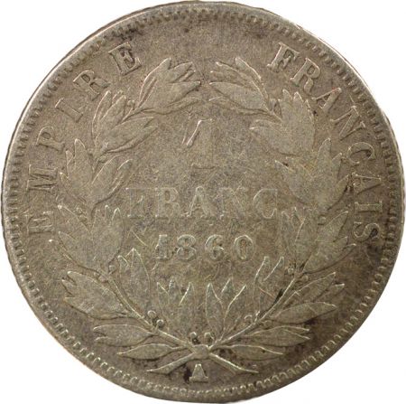 France Napoléon III - Franc Argent, Tête nue - 1860 A Paris