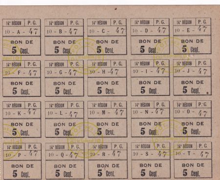 France Planche 5 cent x 20 ex - Prisonniers de guerre - 14ème région - Lyon - Première Guerre Mondiale