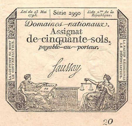 France RÉVOLUTION FRANCAISE  ASSIGNAT - 50 SOLS - LOI DU 23/05/1793