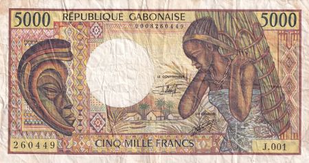 Gabon 5000 Francs masque, jeune femme - 1983-1991 - Série J.001-260449