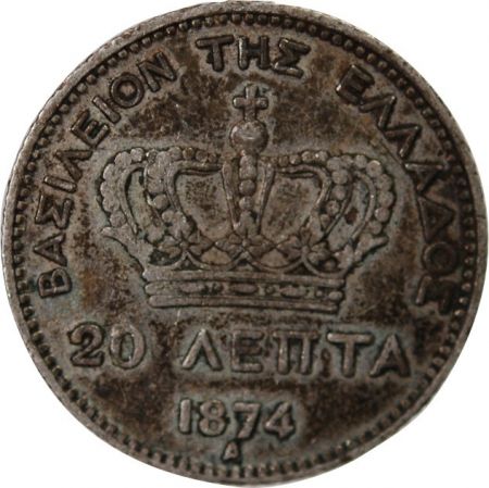 Grèce GRECE  GEORGE Ier - 20 LEPTA ARGENT 1874 A PARIS