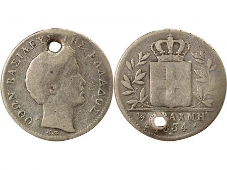 Grèce Othon - 1/2 Drachme Argent - 1834 A Paris, Percé