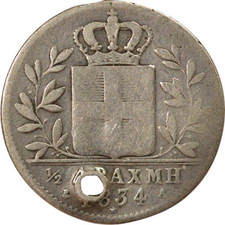 Grèce Othon - 1/2 Drachme Argent - 1834 A Paris, Percé