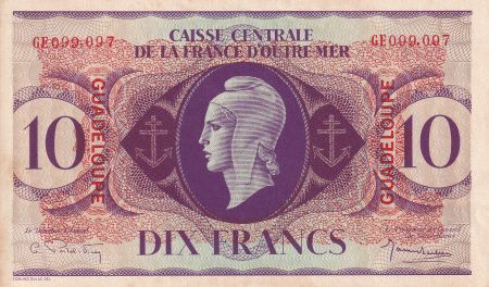 Guadeloupe 10 Francs - Marianne - Croix de Lorraine - 1944 - Série GE - SUP+ - Kol.124