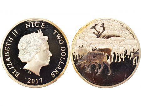 Ile Niue 2 Dollars Argent Colorisé, Caribou - 2017 Auckland