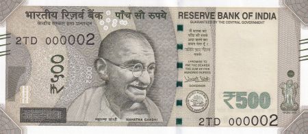 Inde 500 Rupees, Mahatma Gandhi - 2017 Série 2TD - Petit numéro 000002