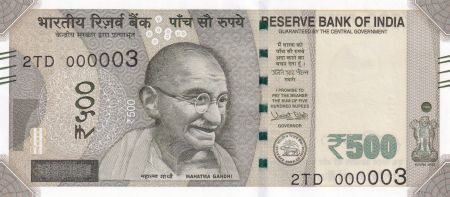 Inde 500 Rupees, Mahatma Gandhi - 2017 Série 2TD - Petit numéro 000003