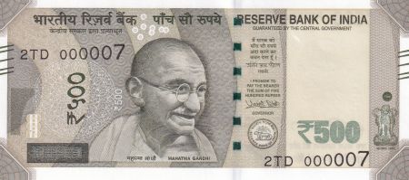 Inde 500 Rupees, Mahatma Gandhi - 2017 Série 2TD - Petit numéro 000007