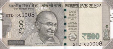 Inde 500 Rupees, Mahatma Gandhi - 2017 Série 2TD - Petit numéro 000008