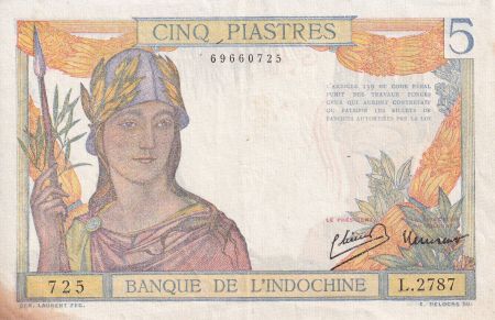 Indo-Chine Fr. 5 Piastres - Guerrière - 1949 - Série L.2787 - SUP - P.55d