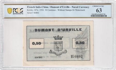 Indo-Chine Fr. 50 Centimes - Dumont D\'Urville - 1936 - PCGS 63 Choice UNC - Kol.207a