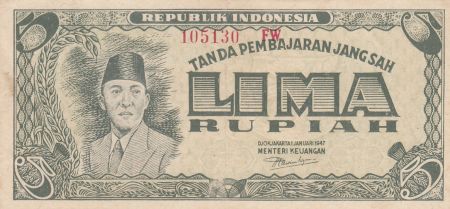 Indonésie 5 Rupiah - Dr Soekarno - 2 lettres - 1947