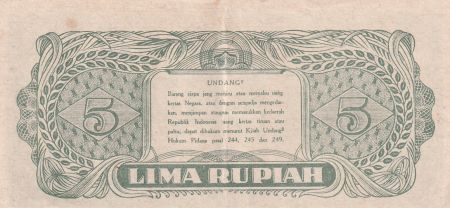 Indonésie 5 Rupiah - Dr Soekarno - 2 lettres - 1947