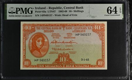 Irlande 10 Shillings - Lady Lavery - 03-01-1962 - Série 14P - PMG 64 EPQ