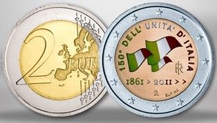 Italie 2 Euro 150 ans Unification de l\'Italie, colorisée