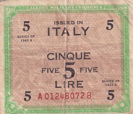 Italie 5 Lire - Marron et Vert - Avec F - 1943 - TB - P.M12a