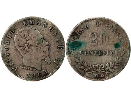 Italie ITALIE, VICTOR EMMANUEL II - 20 CENTESIMI ARGENT 1863 M MILAN