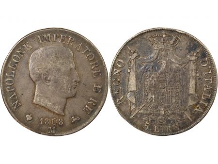 Italie Napoléon I - 5 Lire Argent - 1808 M Milan