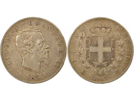 Italie Victor Emmanuel II - 5 Lire Argent - 1874 M Milan