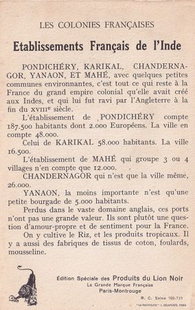 Les Comptoirs des Indes - Carte illustrée des Colonies françaises - Édition Spéciale des Produits du Lion Noir - Cartophilie