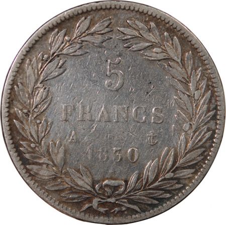 LOUIS-PHILIPPE - 5 FRANCS ARGENT 1830 A PARIS Type Tiolier sans le I  Tr relief\ \ 