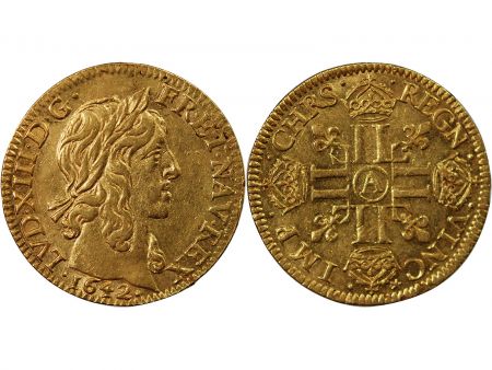 LOUIS XIII - LOUIS D\'OR A LA MI-LONGUE 1642 A PARIS R3