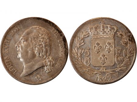 LOUIS XVIII - 5 FRANCS ARGENT 1822 W LILLE