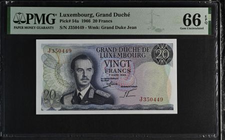 Luxembourg 20 Francs - Grand Duc Jean - Paysage - 07-03-1966 - Série J - PMG 66 EPQ