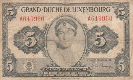 Luxembourg 5 Francs - Grande Duchesse Charlotte - 1944 - Série A