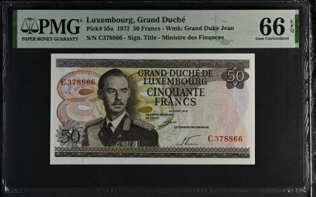 Luxembourg 50 Francs - Grand Duc Jean - Usine - 25-08-1972 - Série C - PMG 66 EPQ