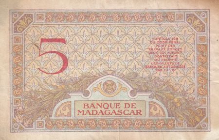 Madagascar 5 Francs - Déesse Junon - 1937 - Sign. Chaudun - Série B.2244