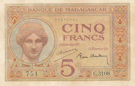 Madagascar 5 Francs - Déesse Junon - 1937 - Sign. Chaudun - Série C.3108