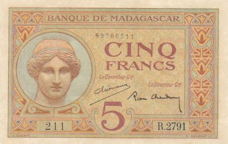 Madagascar 5 Francs - Déesse Junon - 1937 - Sign. Chaudun - Série R.2791