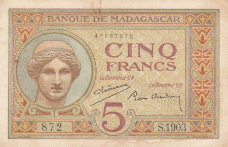 Madagascar 5 Francs - Déesse Junon - 1937 - Sign. Chaudun - Série S.1903