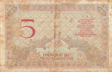 Madagascar 5 Francs - Déesse Junon - 1937 - Sign. Chaudun - Série Y.2436