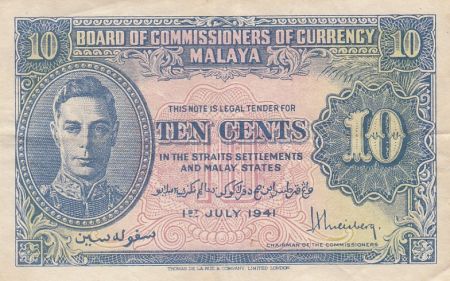 Malaya 10 Cents - George VI - Uniface - 1941