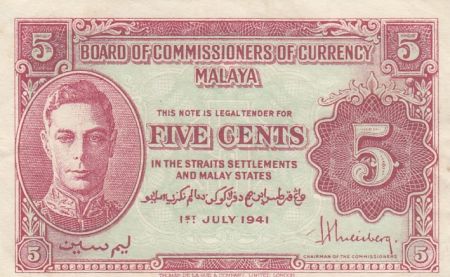 Malaya 5 Cents - George VI - 1941 - TTB - P.7b