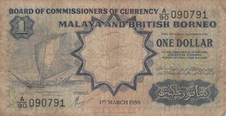 Malaya et Bornéo 1 Dollar - Voilier - Pêcheurs - Série A/90 - 1959